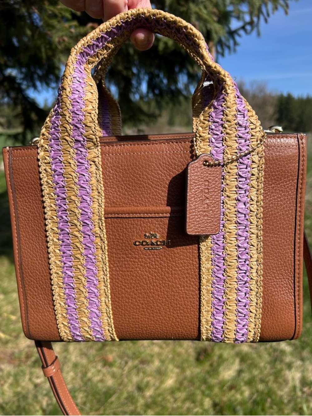 COACH Smith 24 Tote Pebble Leather w/Straw-Webbed Trim Crossbody/Satchel NWT - Picture 4 of 11